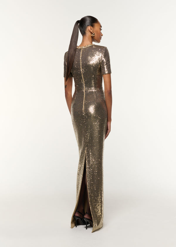 Roland Mouret Crystal Neckline Sequin Column Gown Gold