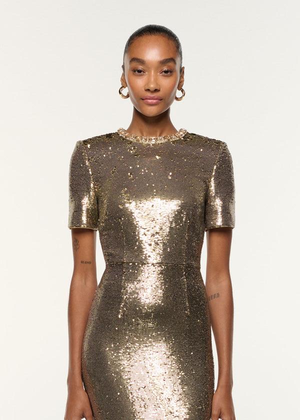 Roland Mouret Crystal Neckline Sequin Column Gown Gold