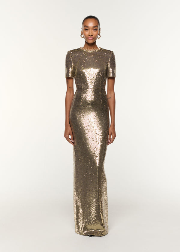 roland mouret Crystal Neckline Sequin Column Gown Gold