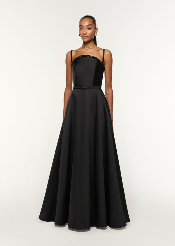 Roland Mouret Curved Crystal Neckline Taffeta Gown Black