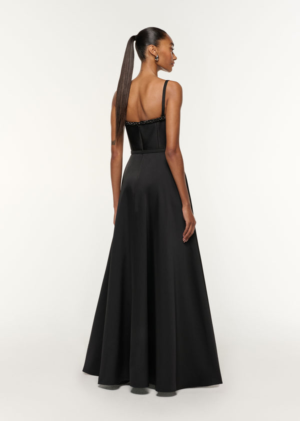 Roland Mouret Curved Crystal Neckline Taffeta Gown Black