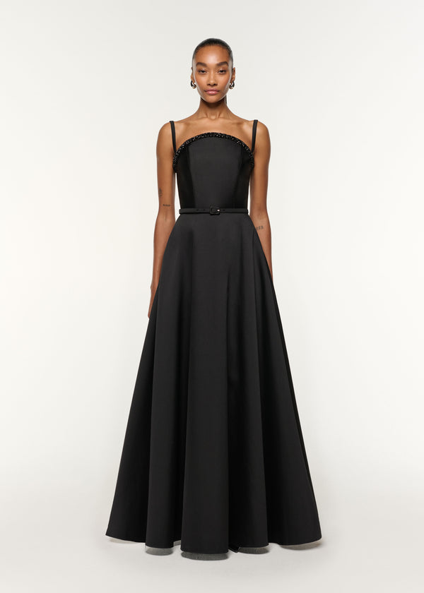 roland mouret Curved Crystal Neckline Taffeta Gown Black