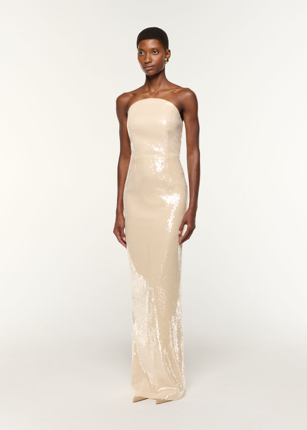 Roland Mouret Curved Neckline Sequin Column Gown Cream