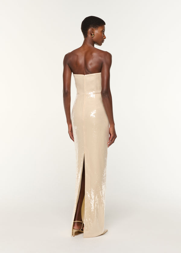 Roland Mouret Curved Neckline Sequin Column Gown Cream