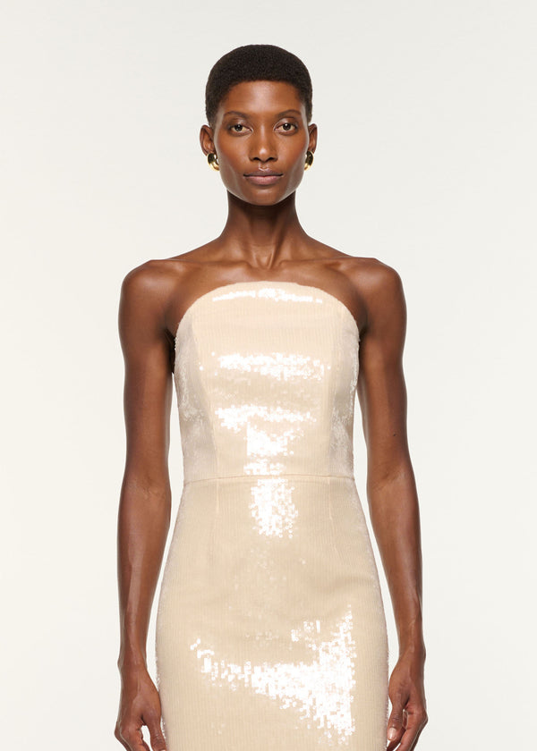 Roland Mouret Curved Neckline Sequin Column Gown Cream