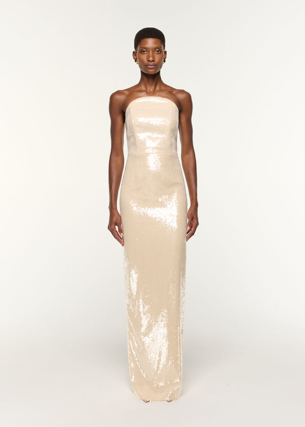 roland mouret Curved Neckline Sequin Column Gown Cream