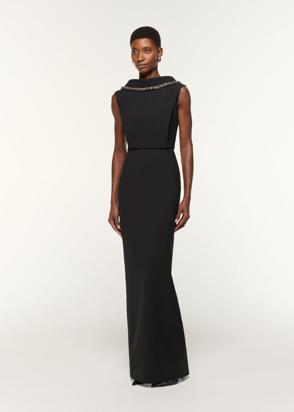 Roland Mouret Diamante Collared Neck Crepe Gown Black