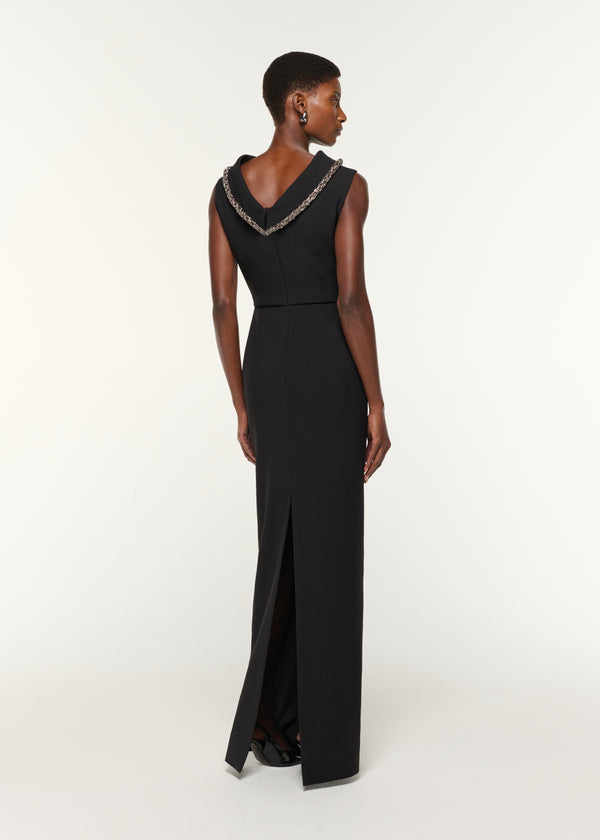 Roland Mouret Diamante Collared Neck Crepe Gown Black