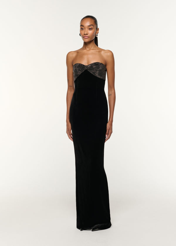 Roland Mouret Diamante Twist Drape Velvet Column Gown Black