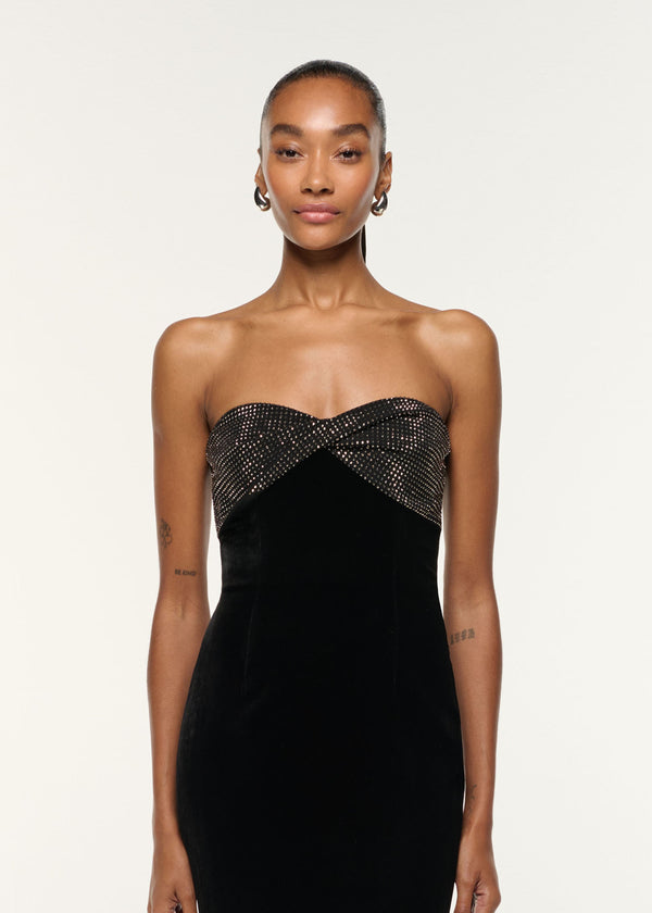Roland Mouret Diamante Twist Drape Velvet Column Gown Black