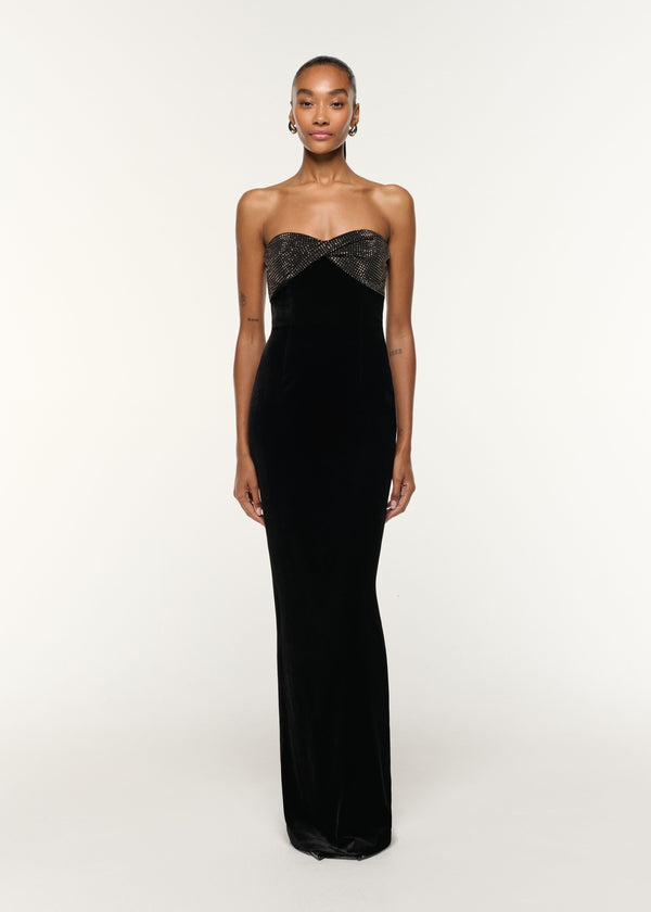 roland mouret Diamante Twist Drape Velvet Column Gown Black