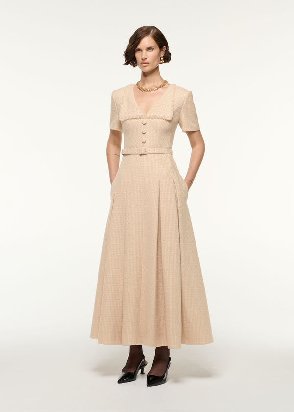 Roland Mouret Folded Collar Belted Boucle Dress Dark Cream