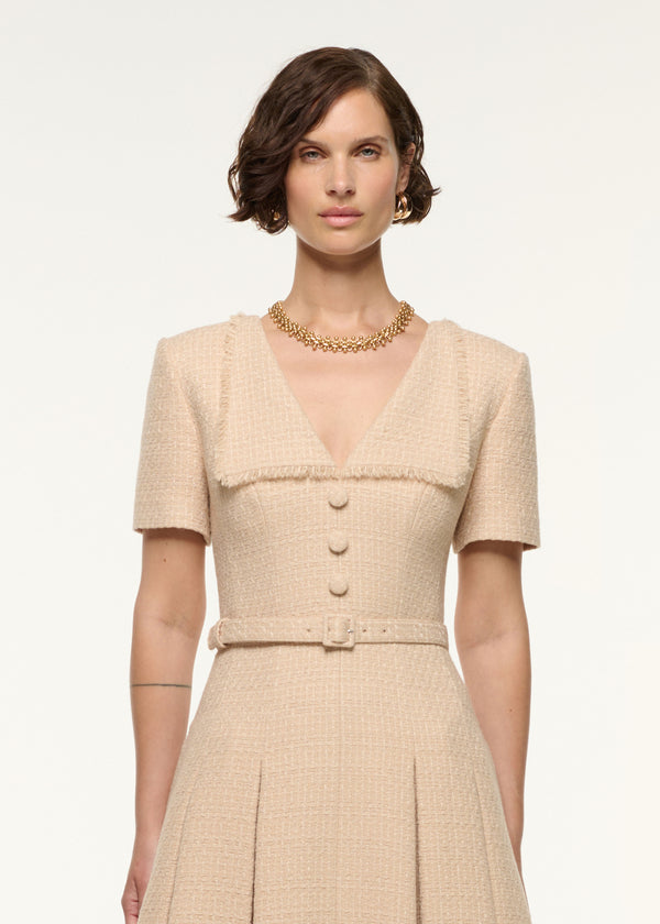 Roland Mouret Folded Collar Belted Boucle Dress Dark Cream