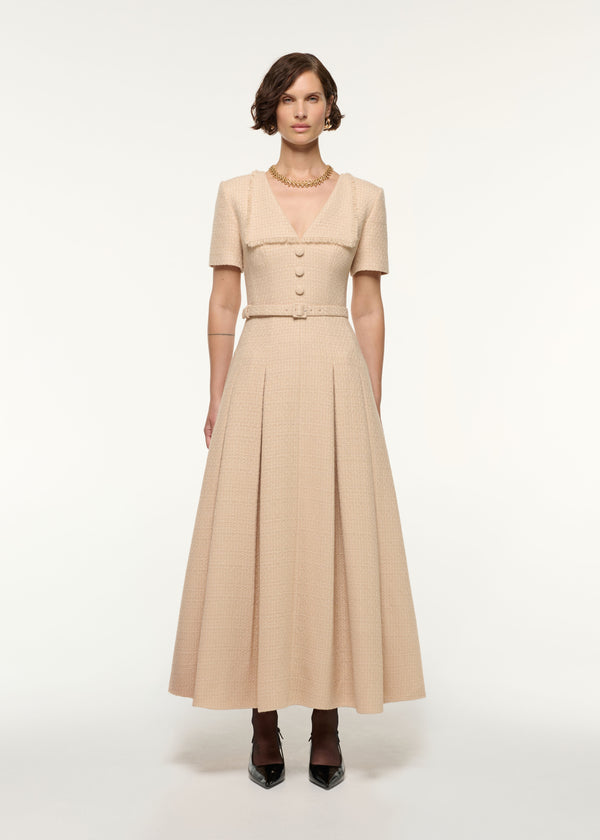 roland mouret Folded Collar Belted Boucle Dress Dark Cream