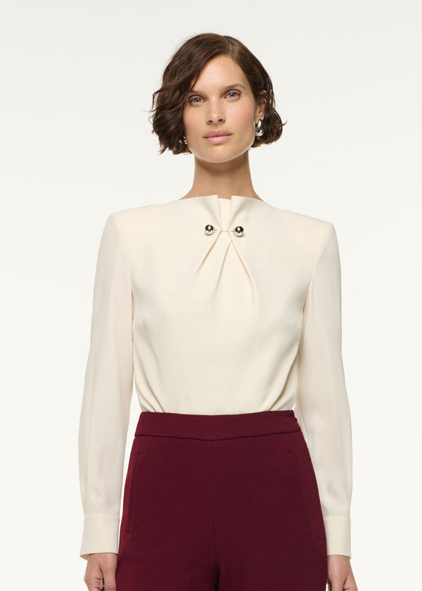 Roland Mouret Gathered Silver Brooch Blouson Bodysuit Cream