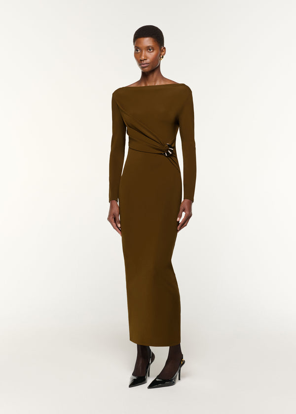 Roland Mouret Jersey Twist Drape & Metal Trim Dress Khaki