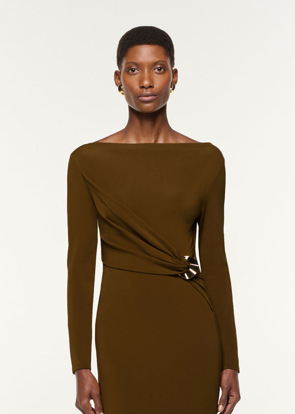 Roland Mouret Jersey Twist Drape & Metal Trim Dress Khaki