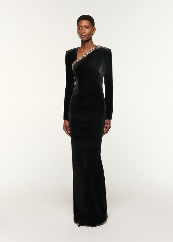 Roland Mouret Long Sleeve Embellished Velvet Gown Black