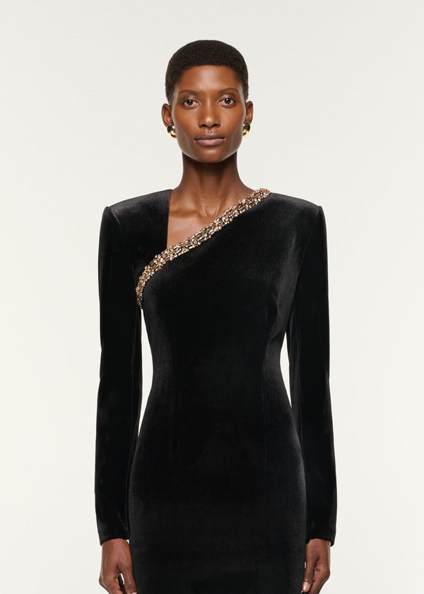 Roland Mouret Long Sleeve Embellished Velvet Gown Black
