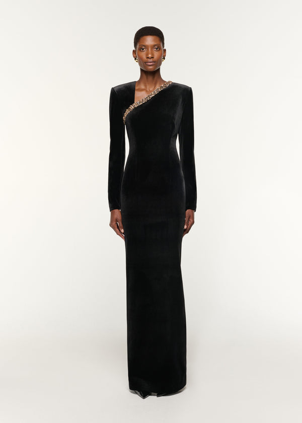 roland mouret Long Sleeve Embellished Velvet Gown Black
