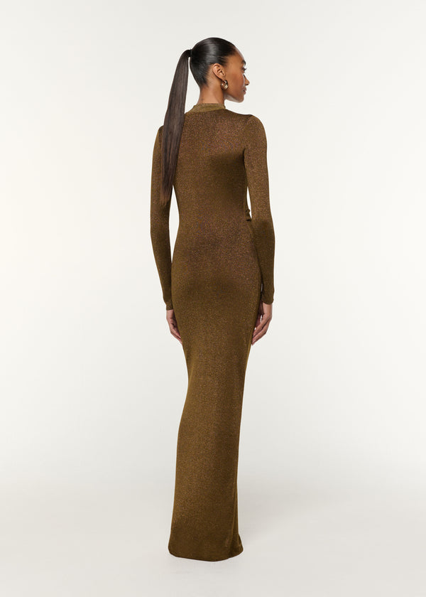 Roland Mouret Lurex Knit Drape & Metal Trim Dress Khaki
