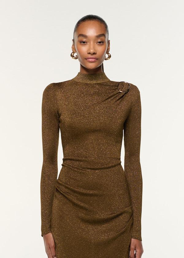 Roland Mouret Lurex Knit Drape & Metal Trim Dress Khaki
