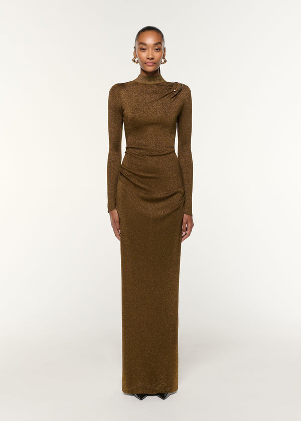 roland mouret Lurex Knit Drape & Metal Trim Dress Khaki