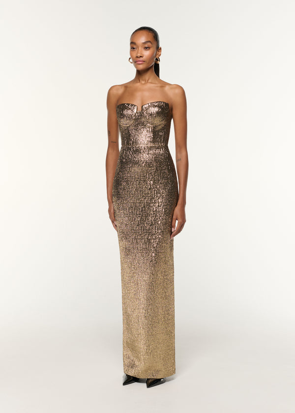 Roland Mouret Pleated Bust Metallic Jacquard Gown Gold