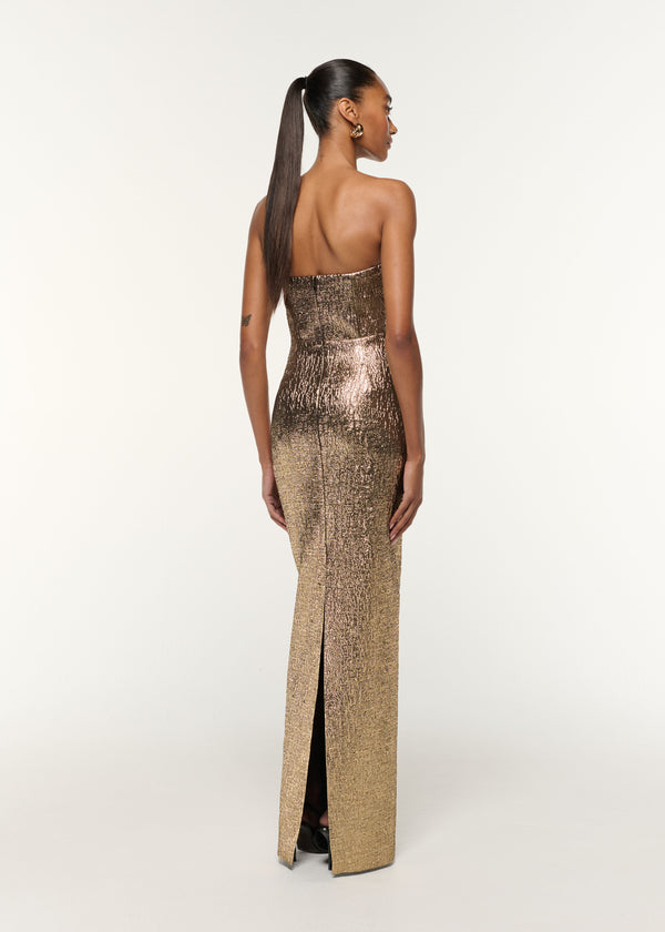 Roland Mouret Pleated Bust Metallic Jacquard Gown Gold