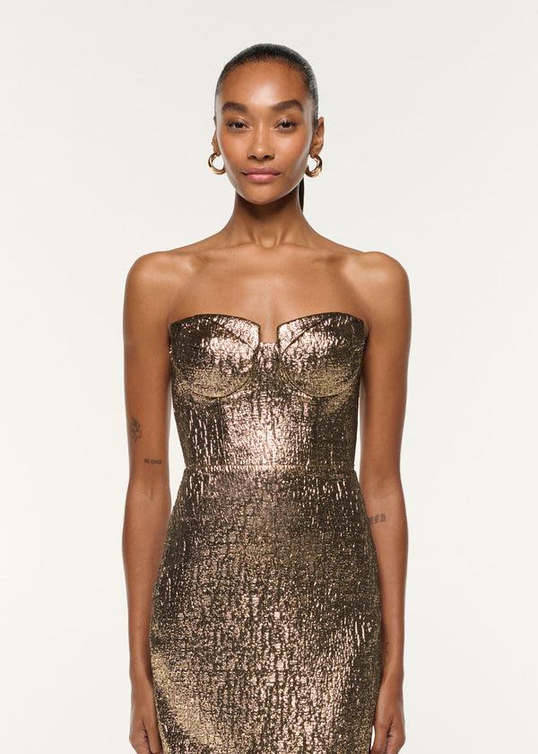 Roland Mouret Pleated Bust Metallic Jacquard Gown Gold