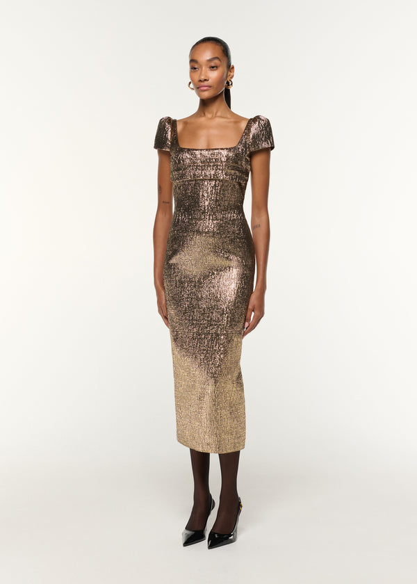 Roland Mouret Pleated Drape Metallic Jacquard Dress Gold