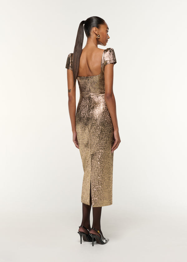 Roland Mouret Pleated Drape Metallic Jacquard Dress Gold