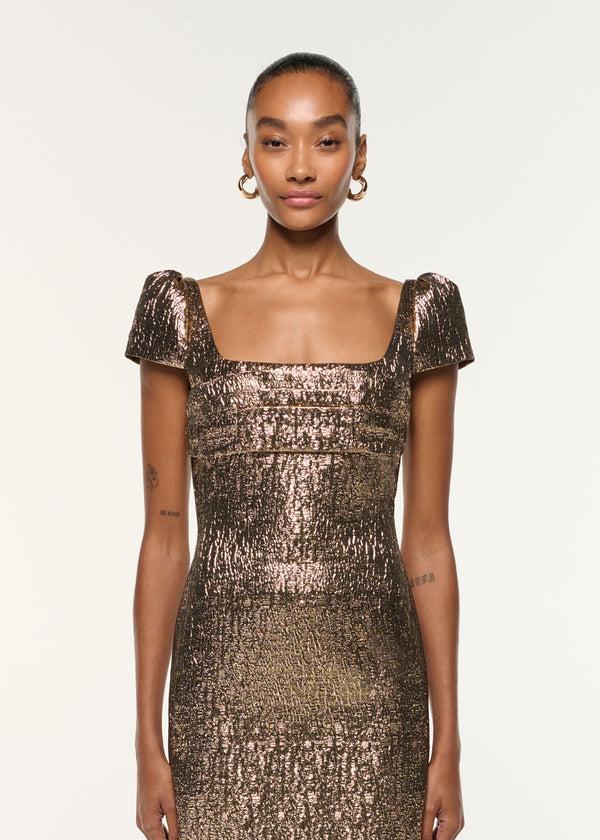 Roland Mouret Pleated Drape Metallic Jacquard Dress Gold