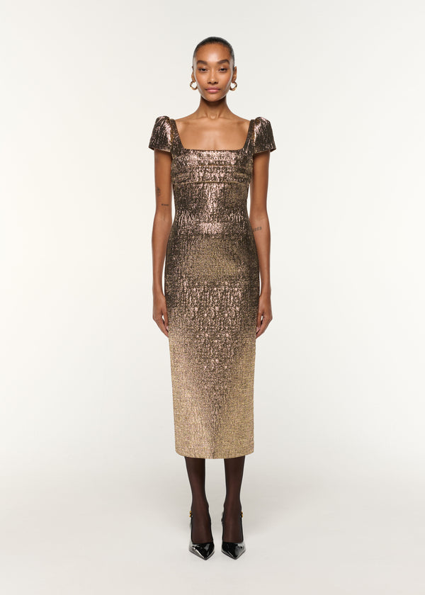 roland mouret Pleated Drape Metallic Jacquard Dress Gold