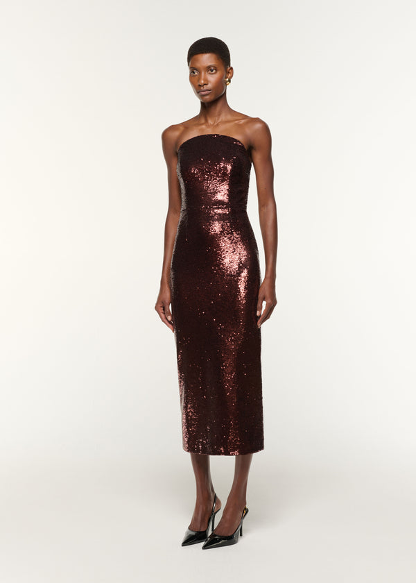 Roland Mouret Curved Neck Sequin Midi Dress Brown