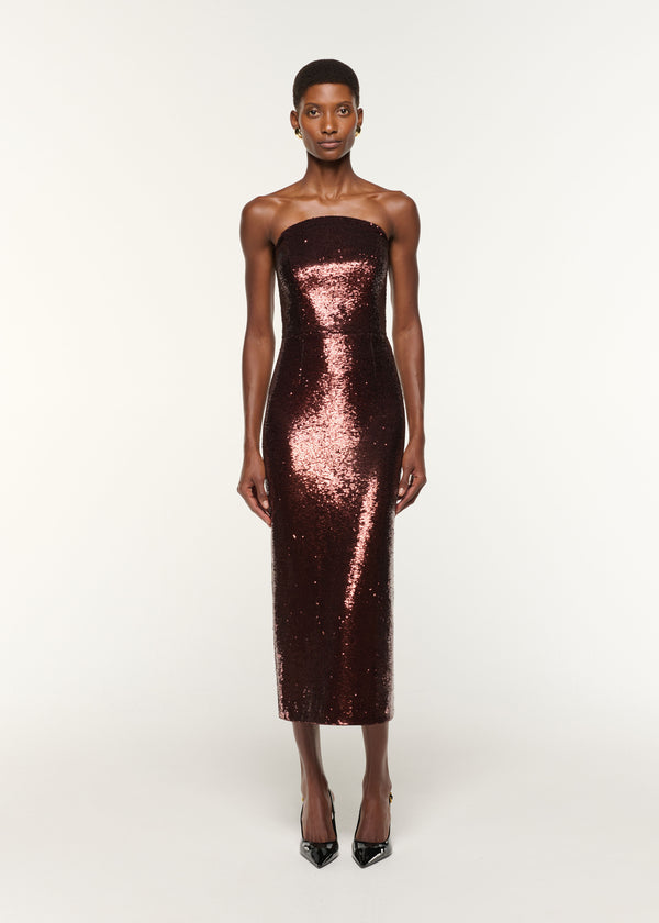 roland mouret Curved Neck Sequin Midi Dress Brown