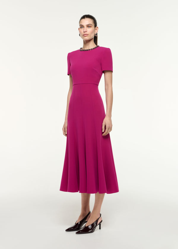 Roland Mouret Diamante Trim Midi Dress Dark Pink