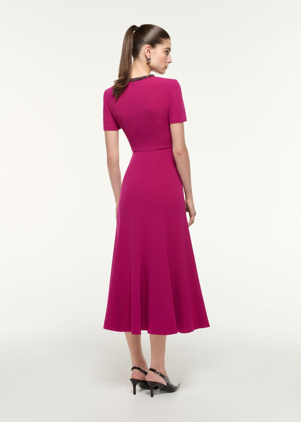 Roland Mouret Diamante Trim Midi Dress Dark Pink