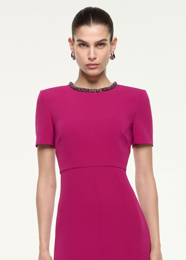 Roland Mouret Diamante Trim Midi Dress Dark Pink