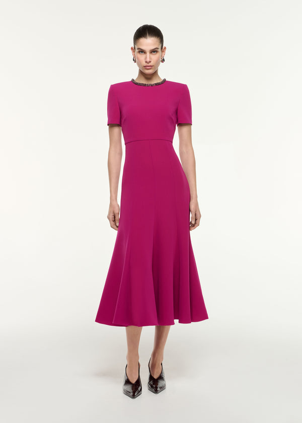 roland mouret Diamante Trim Midi Dress Dark Pink