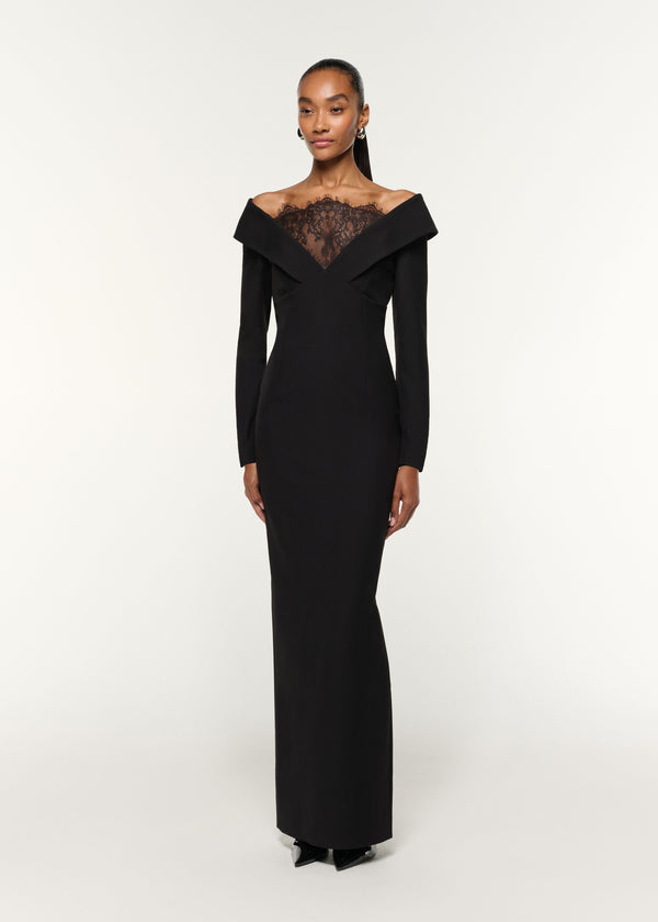 Roland Mouret Lace Insert Crepe Column Gown Black