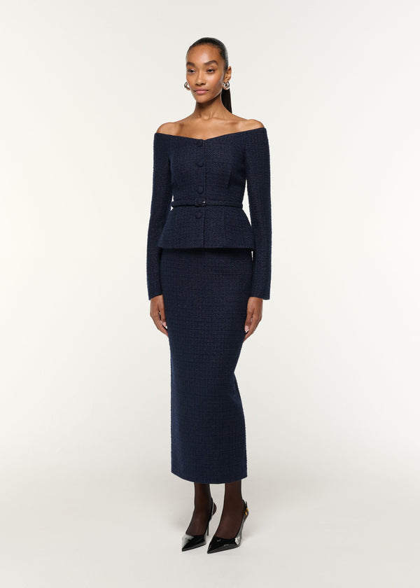 Roland Mouret Off The Shoulder Boucle Top Navy