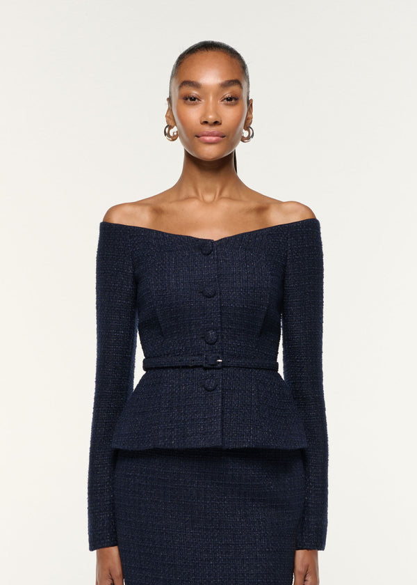 Roland Mouret Off The Shoulder Boucle Top Navy