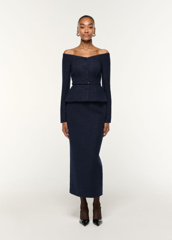roland mouret Off The Shoulder Boucle Top Navy