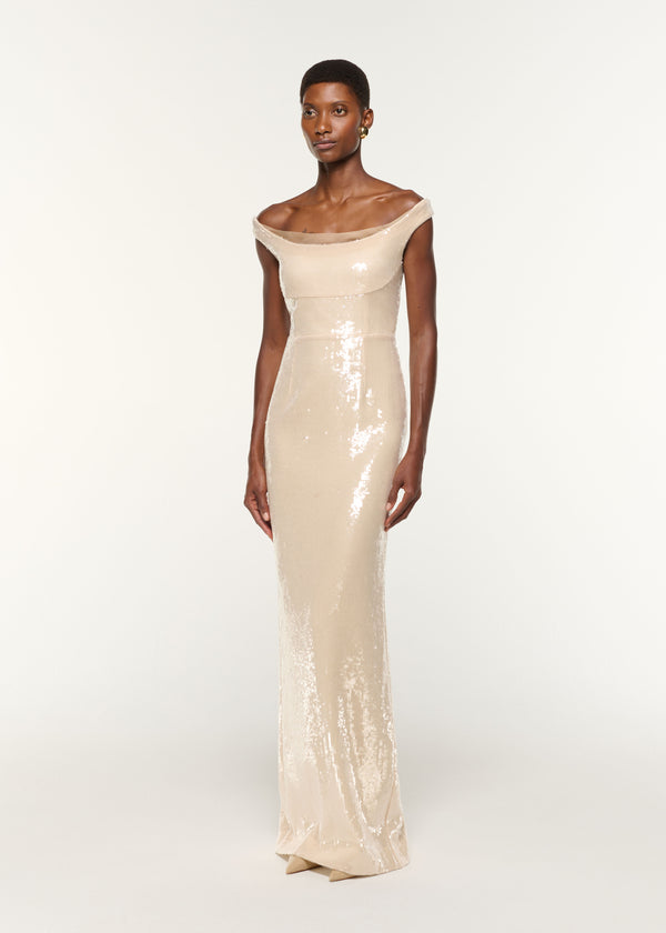Roland Mouret Off The Shoulder Sequin Gown Cream