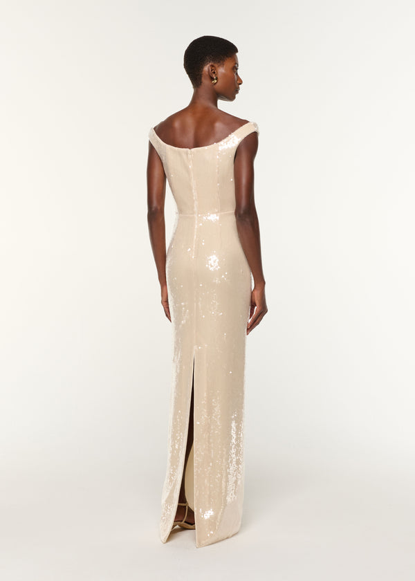 Roland Mouret Off The Shoulder Sequin Gown Cream