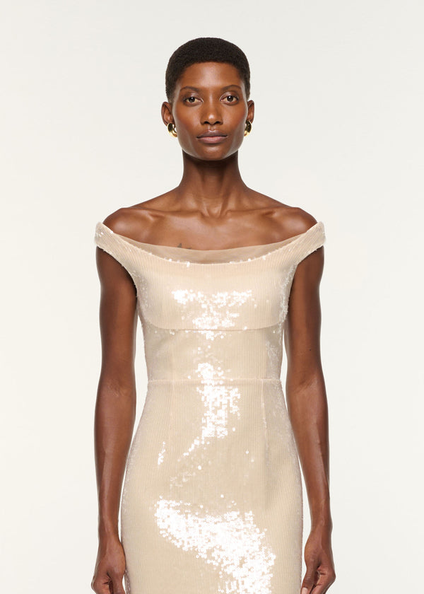 Roland Mouret Off The Shoulder Sequin Gown Cream