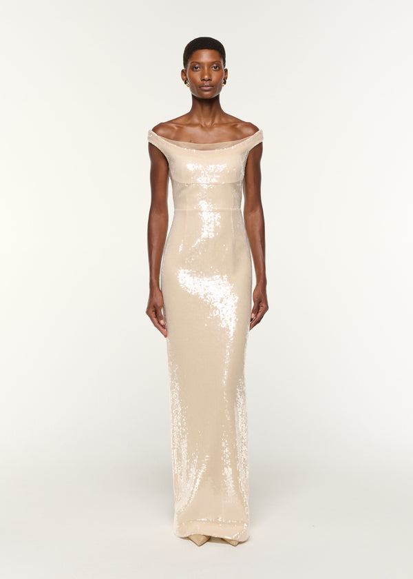 roland mouret Off The Shoulder Sequin Gown Cream