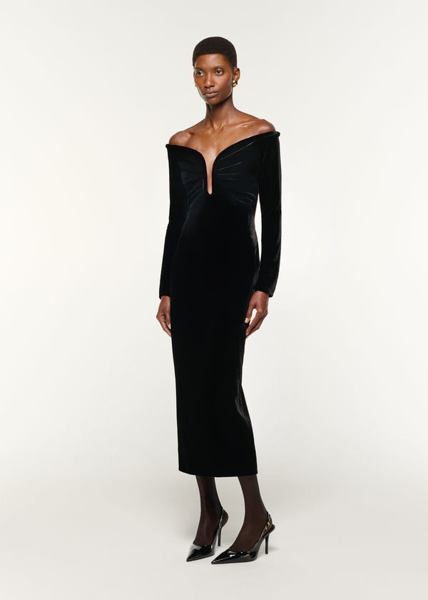 Roland Mouret Plunge Neck Velvet Midi Dress Black