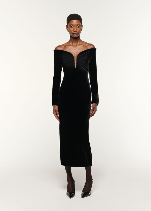 roland mouret Plunge Neck Velvet Midi Dress Black
